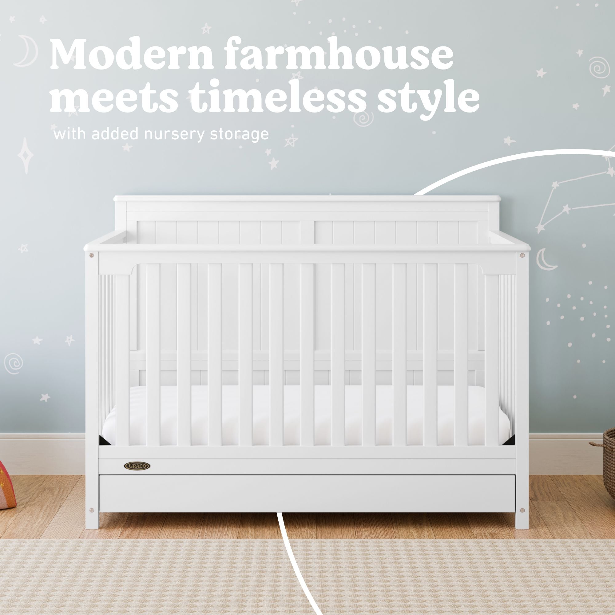 Hadley white crib with drawer in nursery style callout