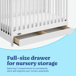 Hadley white crib with drawer close up of drawer and two compartments