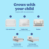 Hadley white crib with drawer showing all 5 conversions