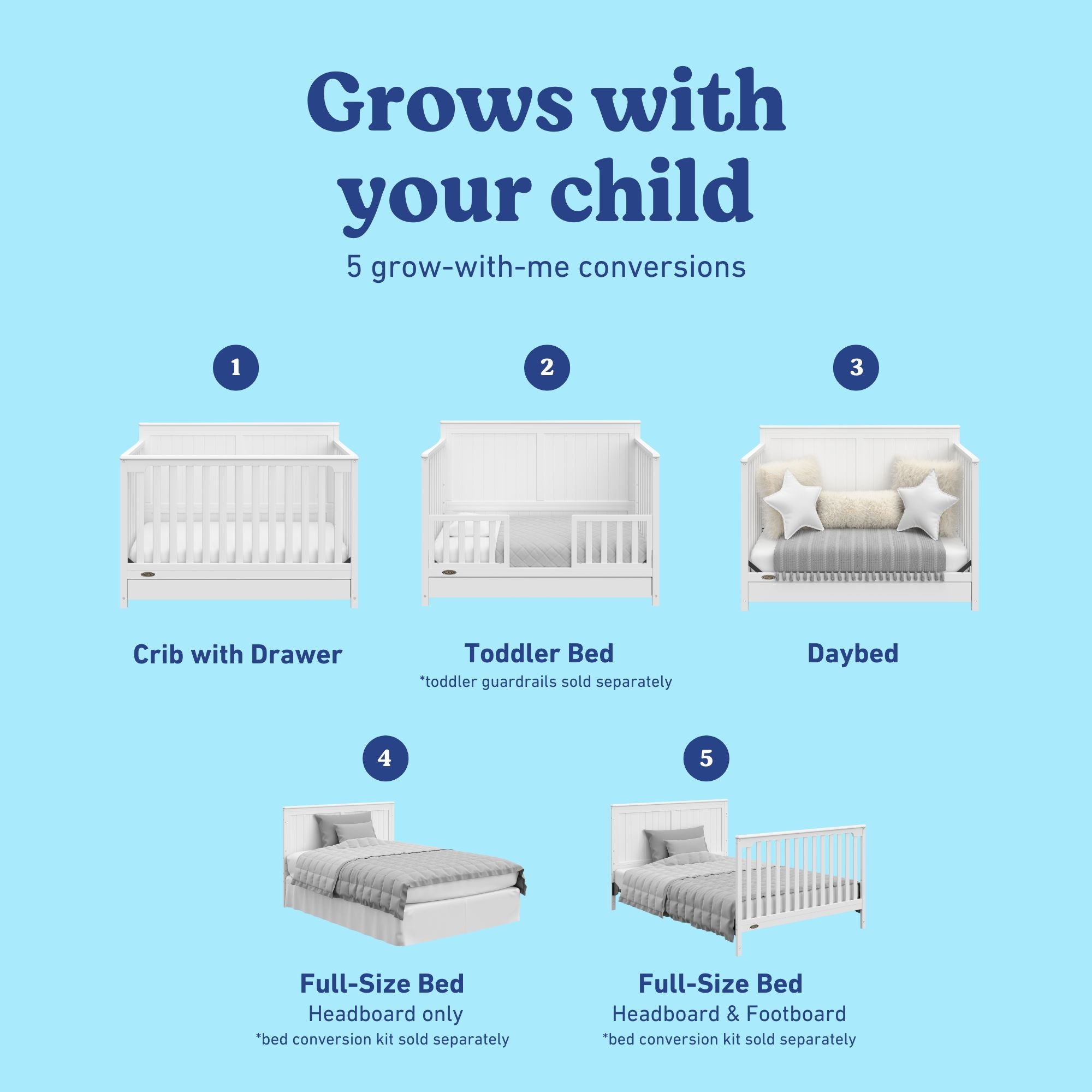 Hadley white crib with drawer showing all 5 conversions