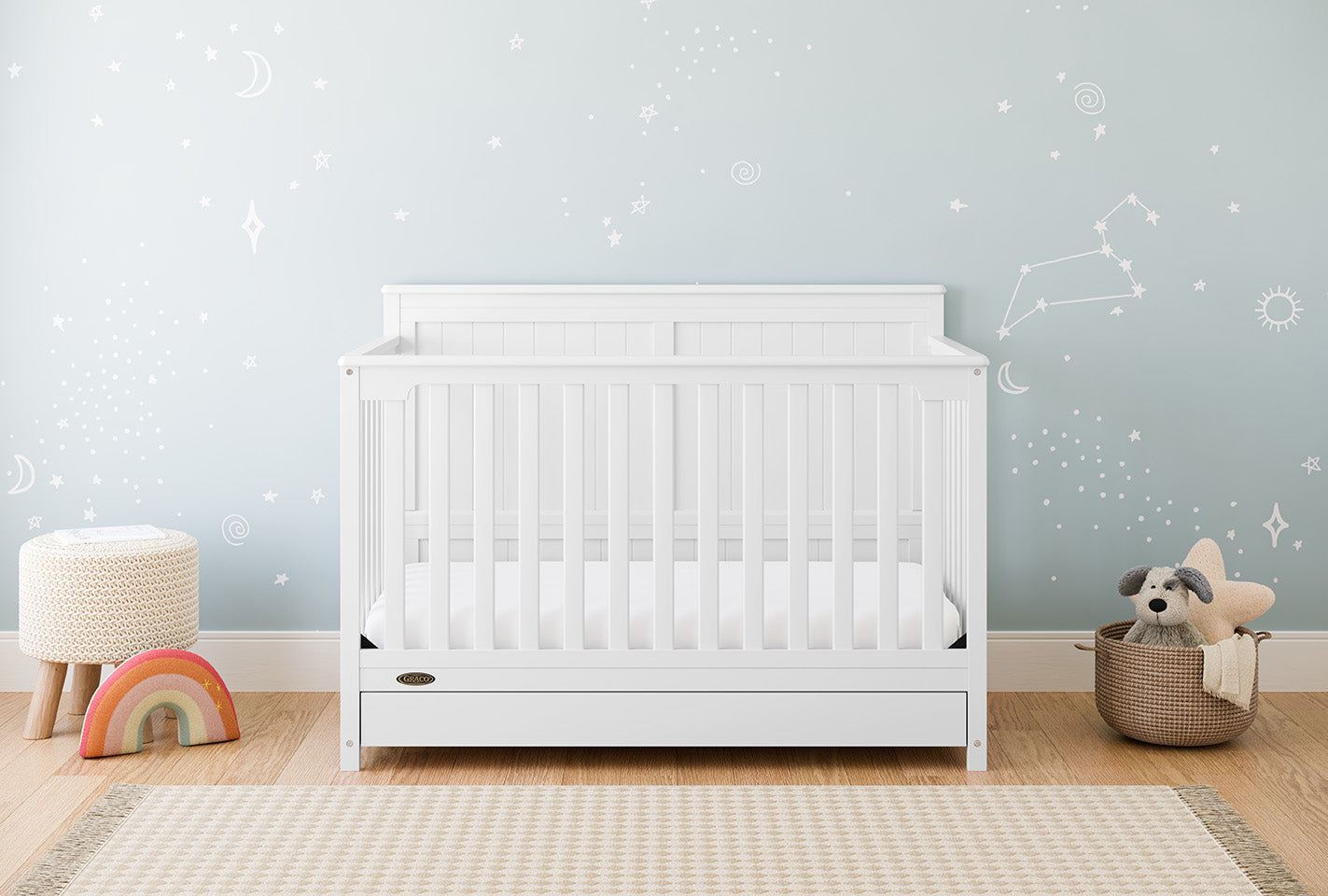 Hadley white crib with drawer in nursery