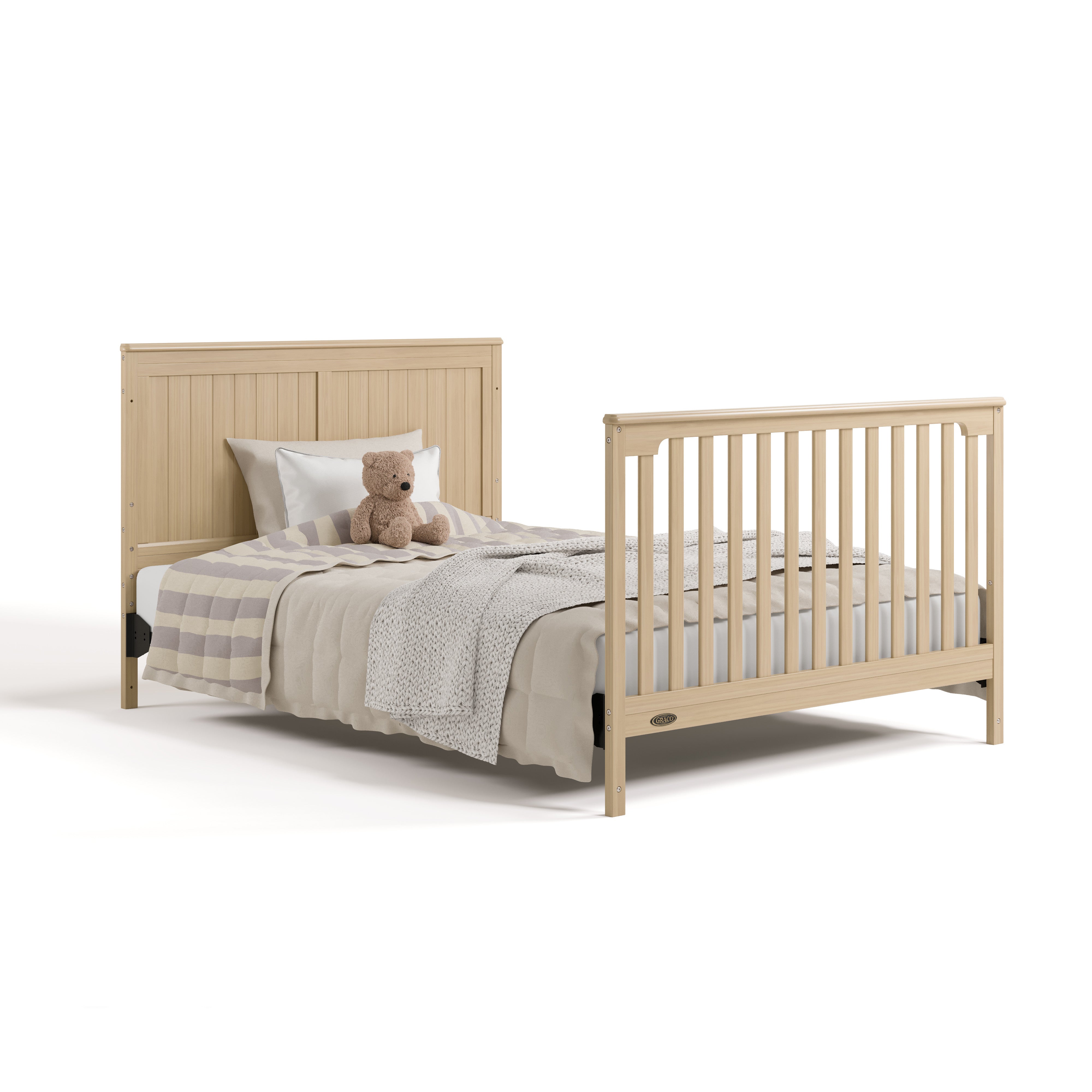 Hadley driftwood crib with drawer converted to full-size bed with footboard