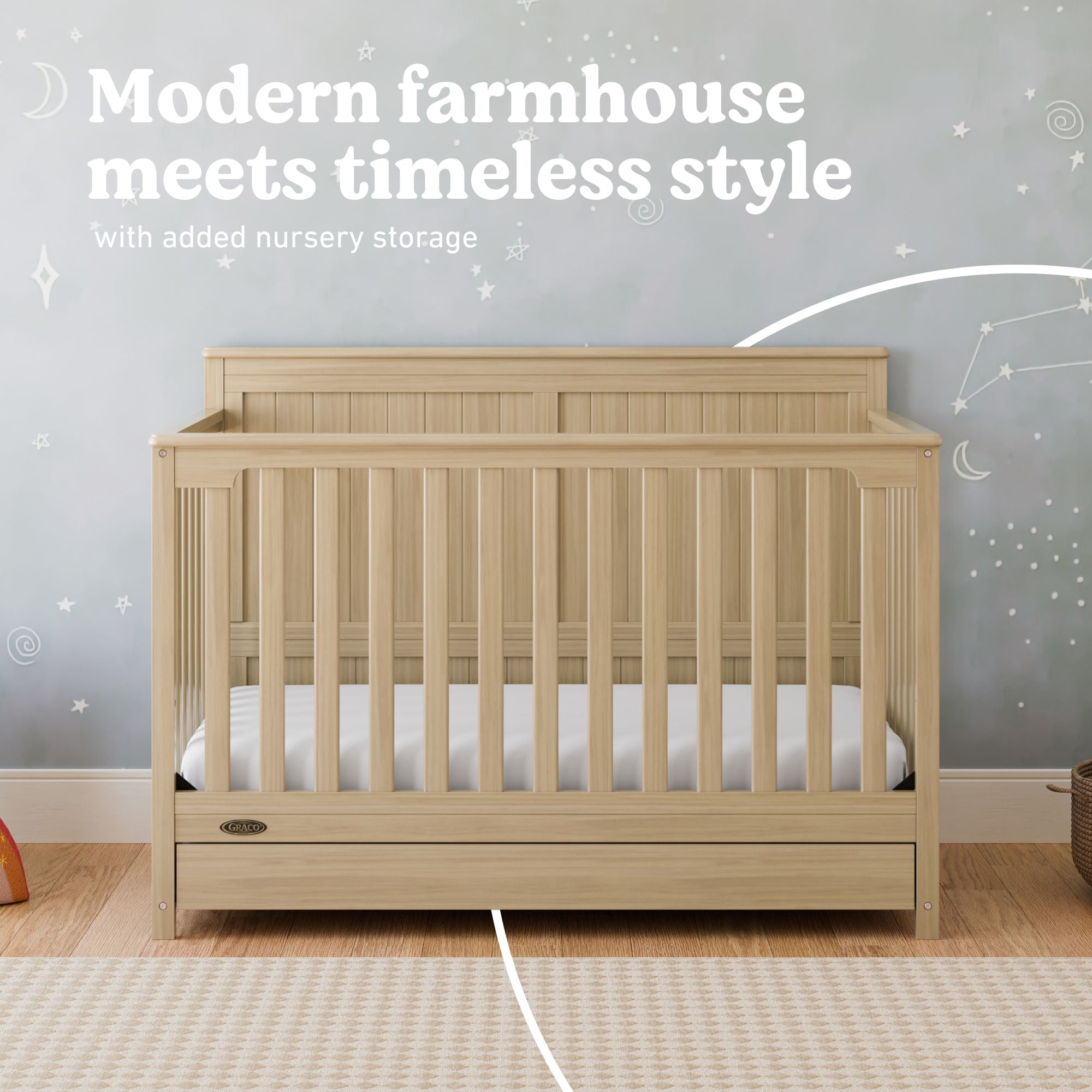 Hadley driftwood crib with drawer in nursery style callout