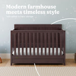 Hadley espresso crib with drawer in nursery style callout