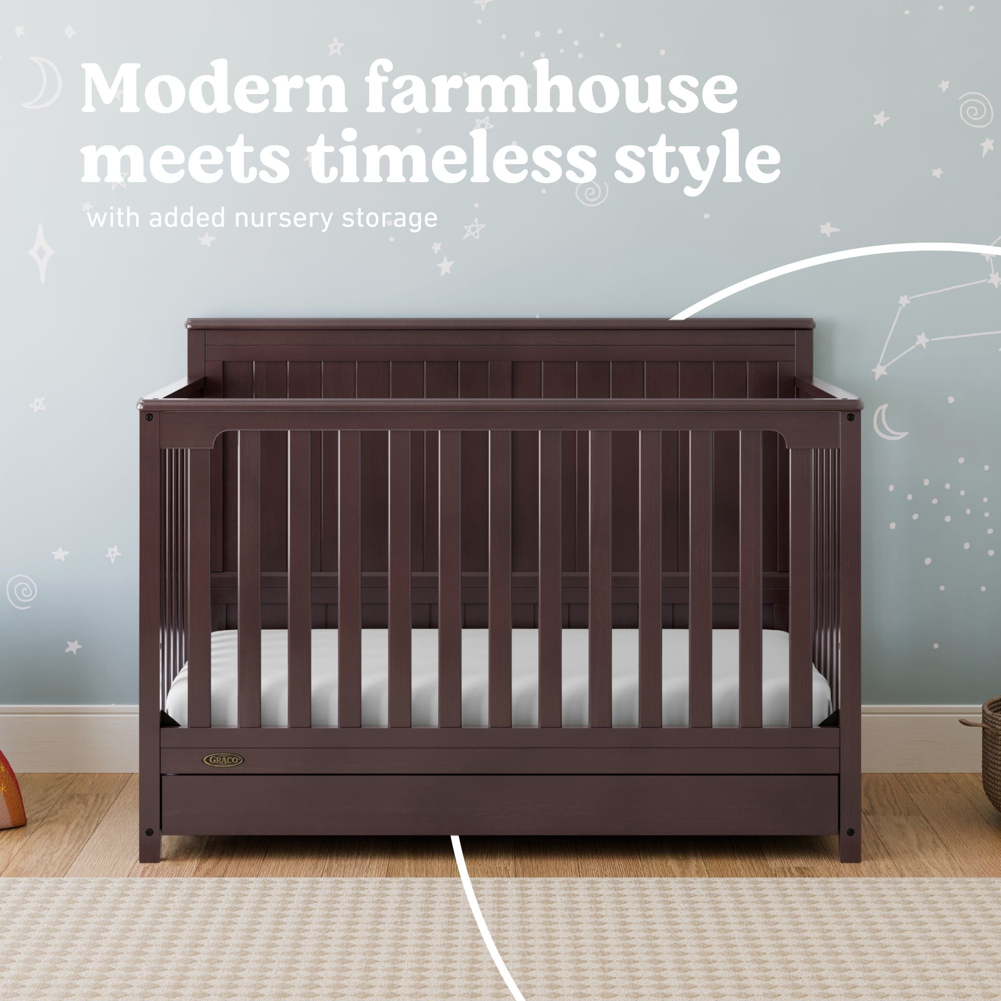 Hadley espresso crib with drawer in nursery style callout