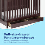 Hadley espresso crib with drawer close up of drawer and two compartments