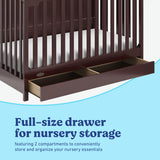 Hadley espresso crib with drawer close up of drawer and two compartments