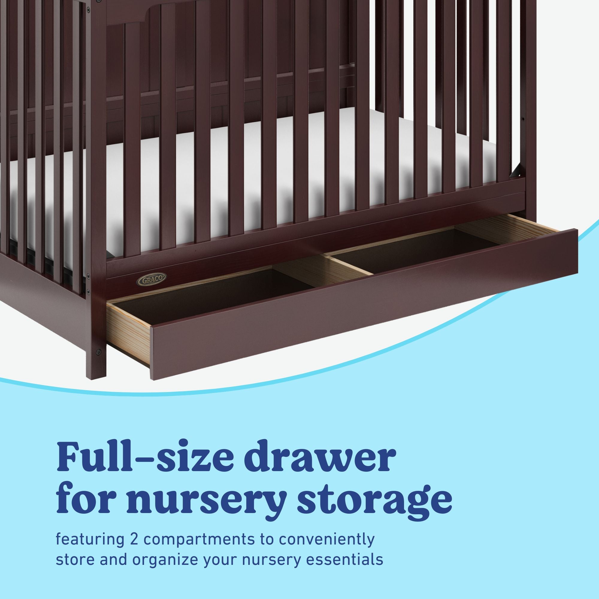 Hadley espresso crib with drawer close up of drawer and two compartments