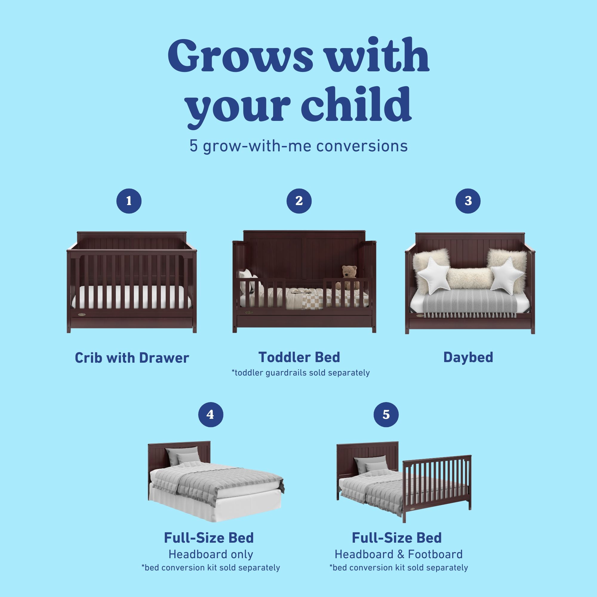Hadley espresso crib with drawer showing all 5 conversions