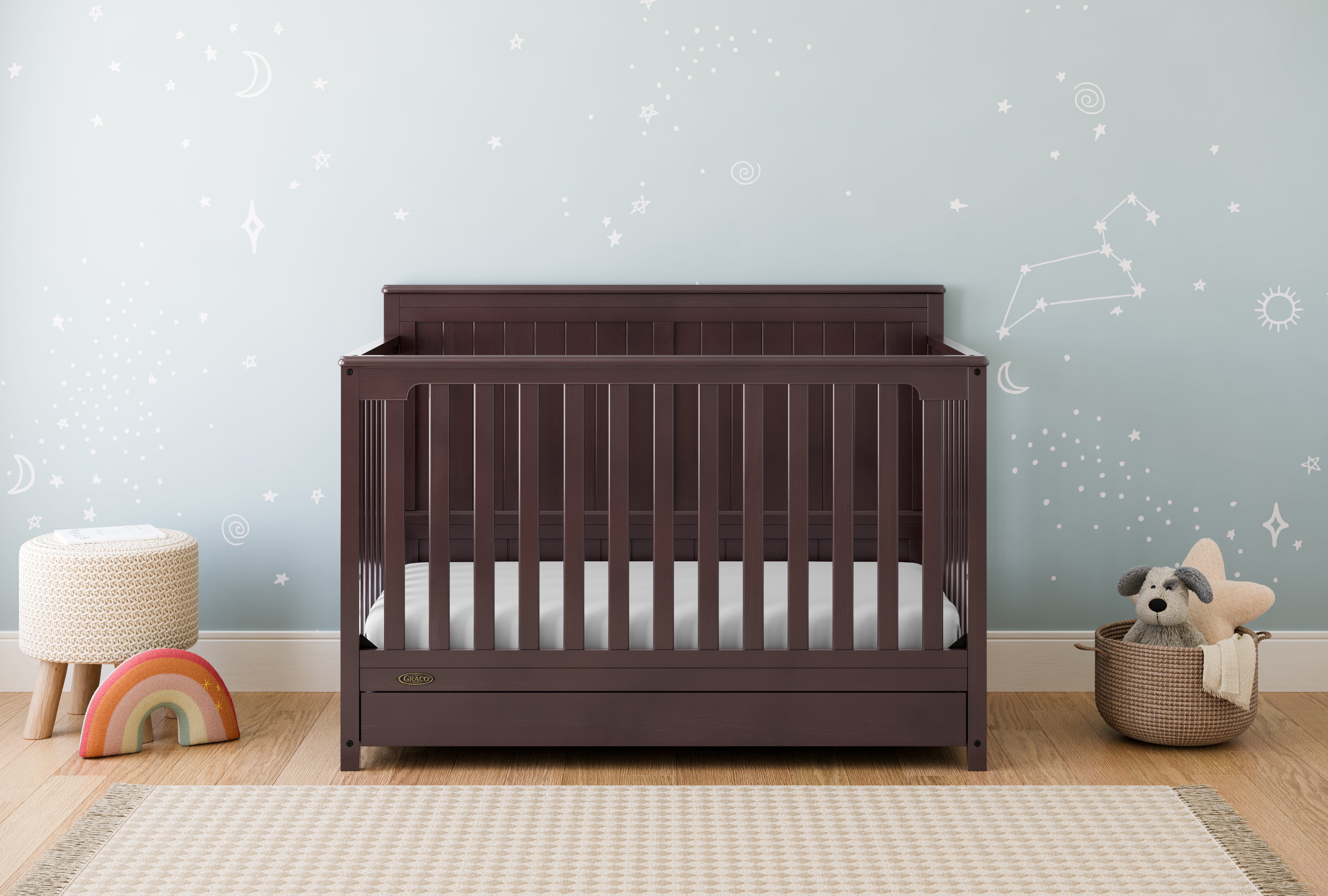 Hadley espresso crib with drawer in nursery