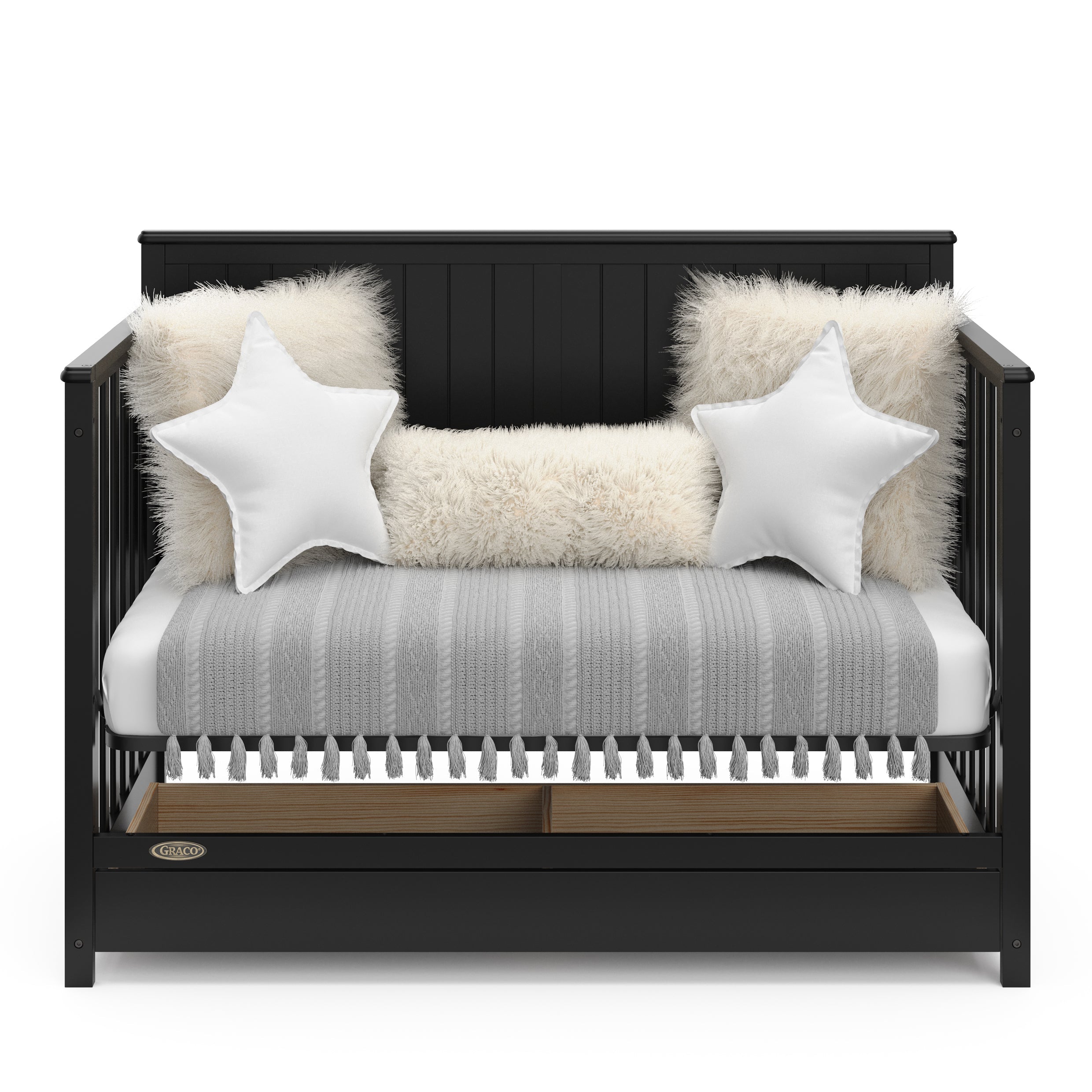 black crib with drawer in day bed conversion