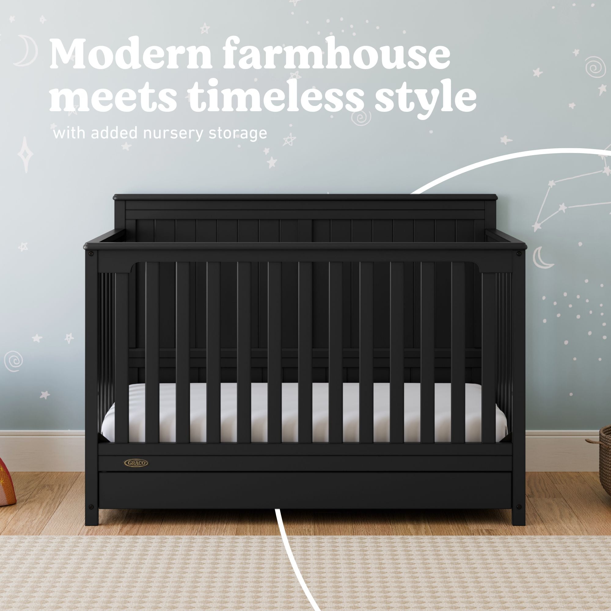 Hadley black crib with drawer in nursery style callout