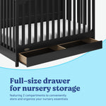 Hadley black crib with drawer close up of drawer and two compartments