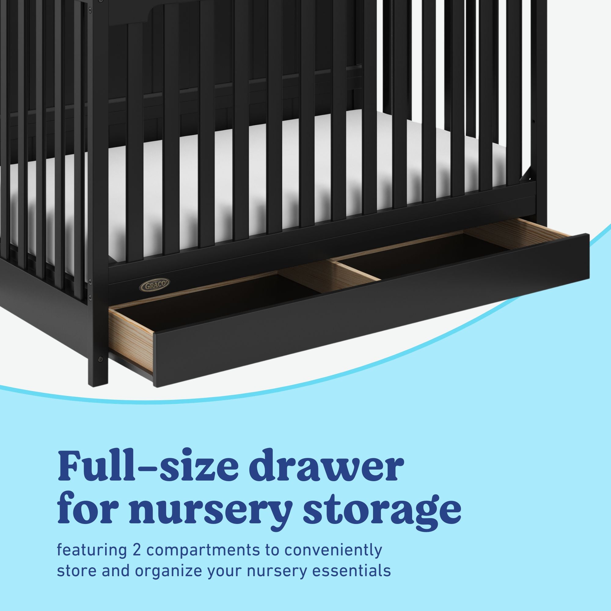 Hadley black crib with drawer close up of drawer and two compartments