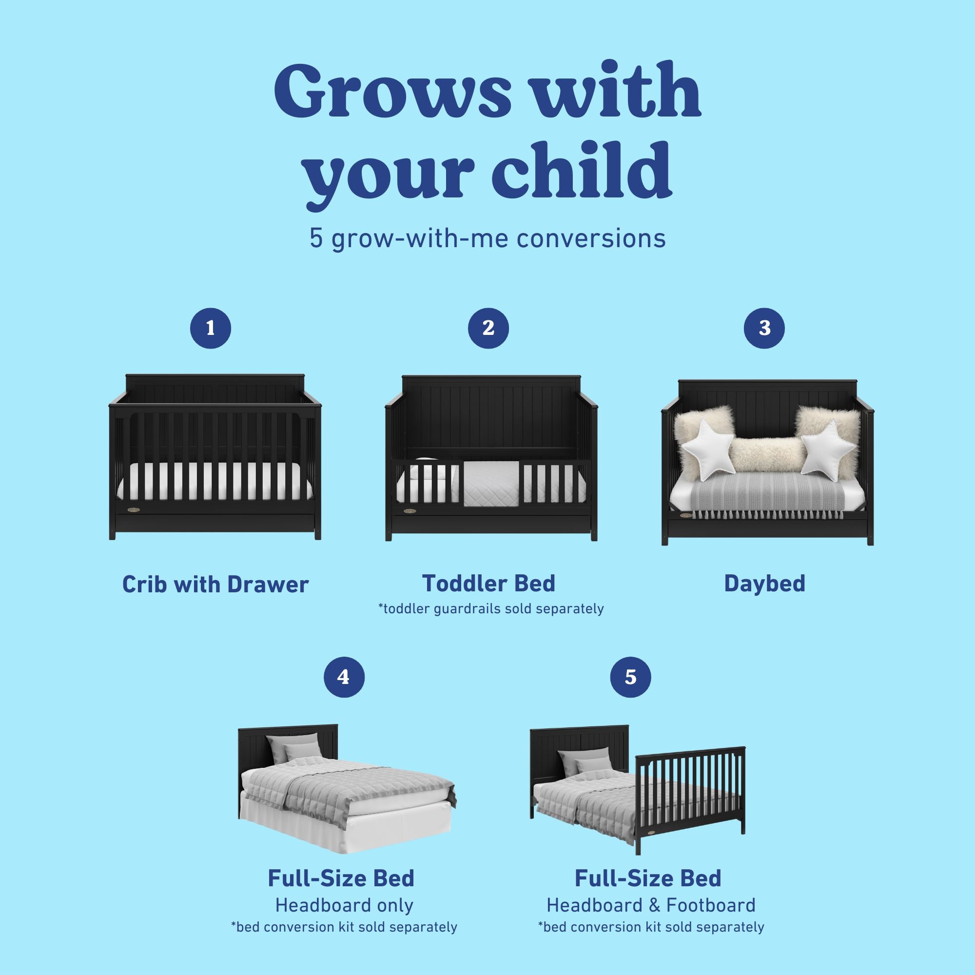 Hadley black crib with drawer showing all 5 conversions