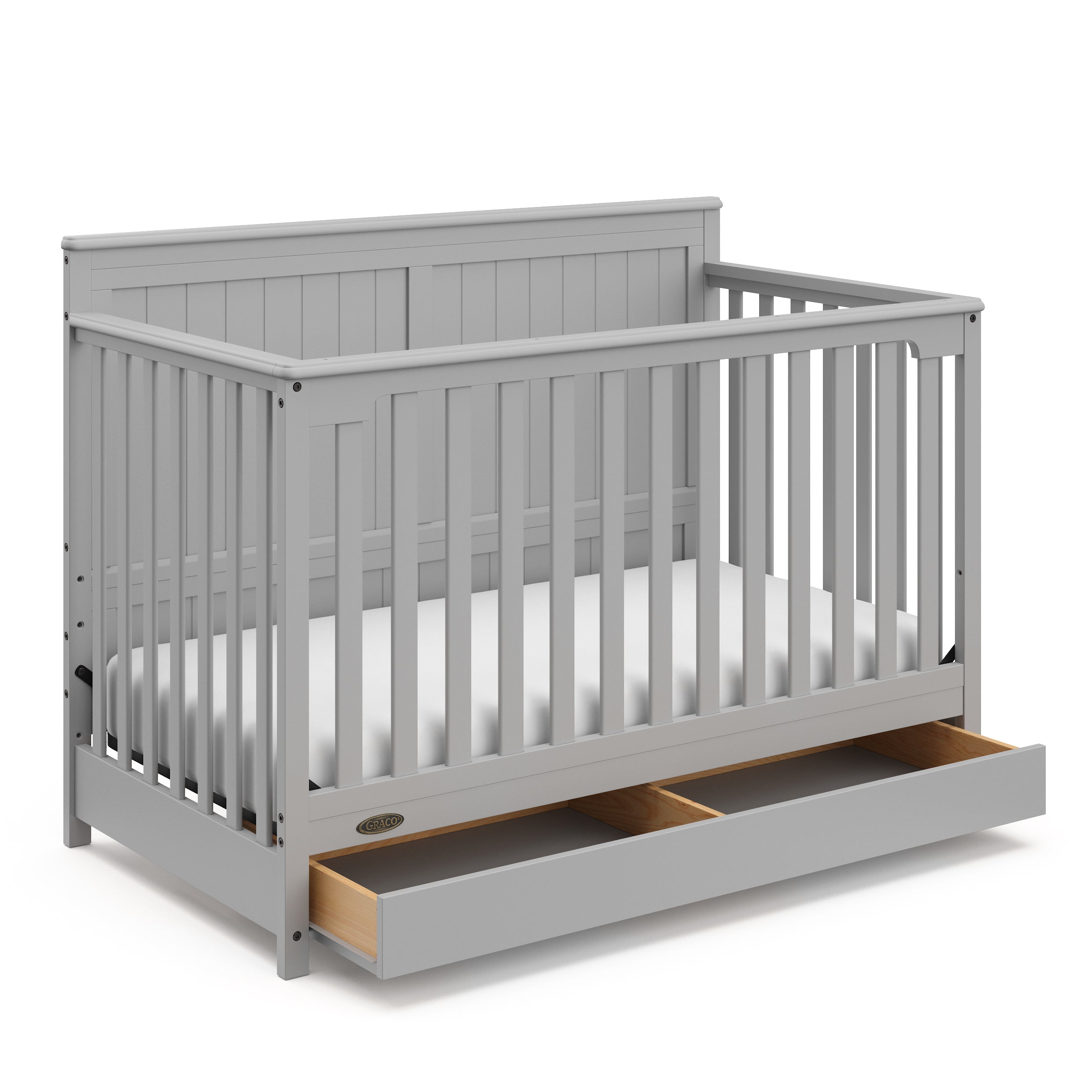 Hadley pebble gray crib with drawer open angle view