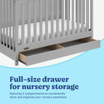 Hadley pebble gray crib with drawer close up of drawer and two compartments
