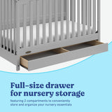 Hadley pebble gray crib with drawer close up of drawer and two compartments