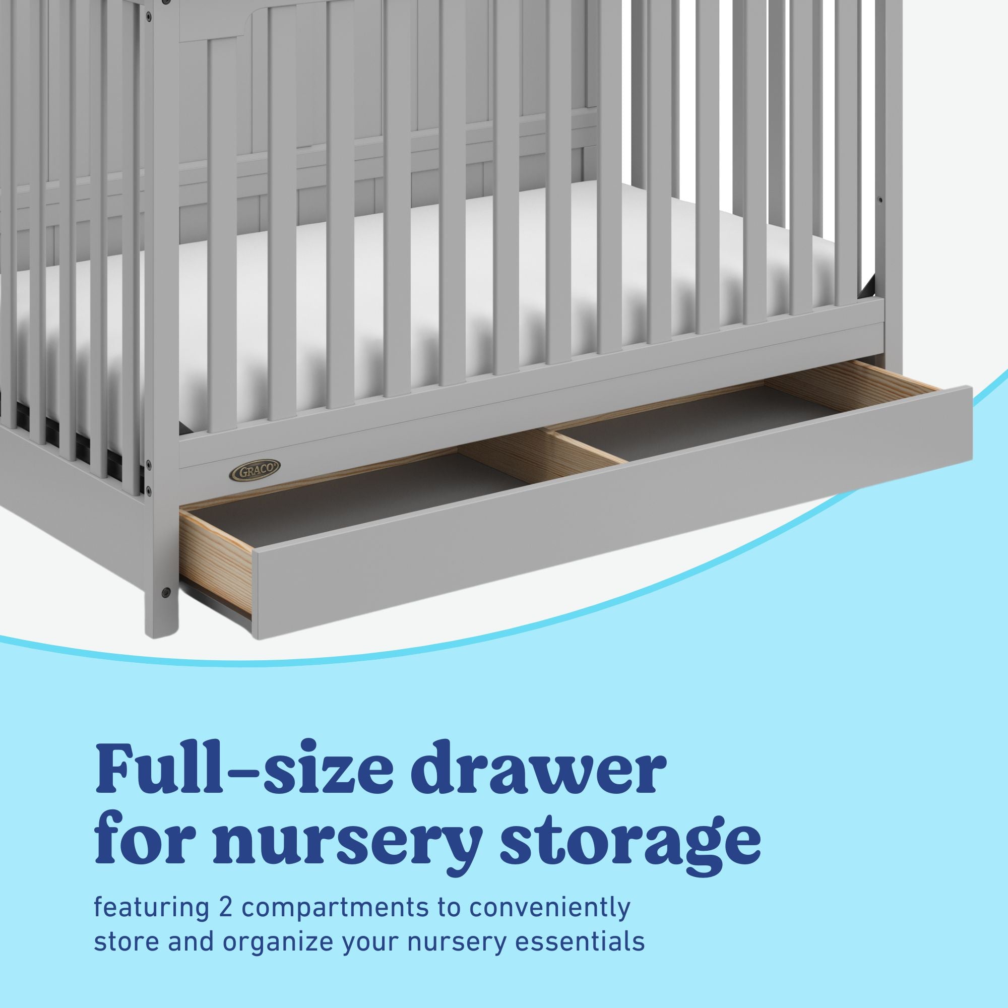 Hadley pebble gray crib with drawer close up of drawer and two compartments