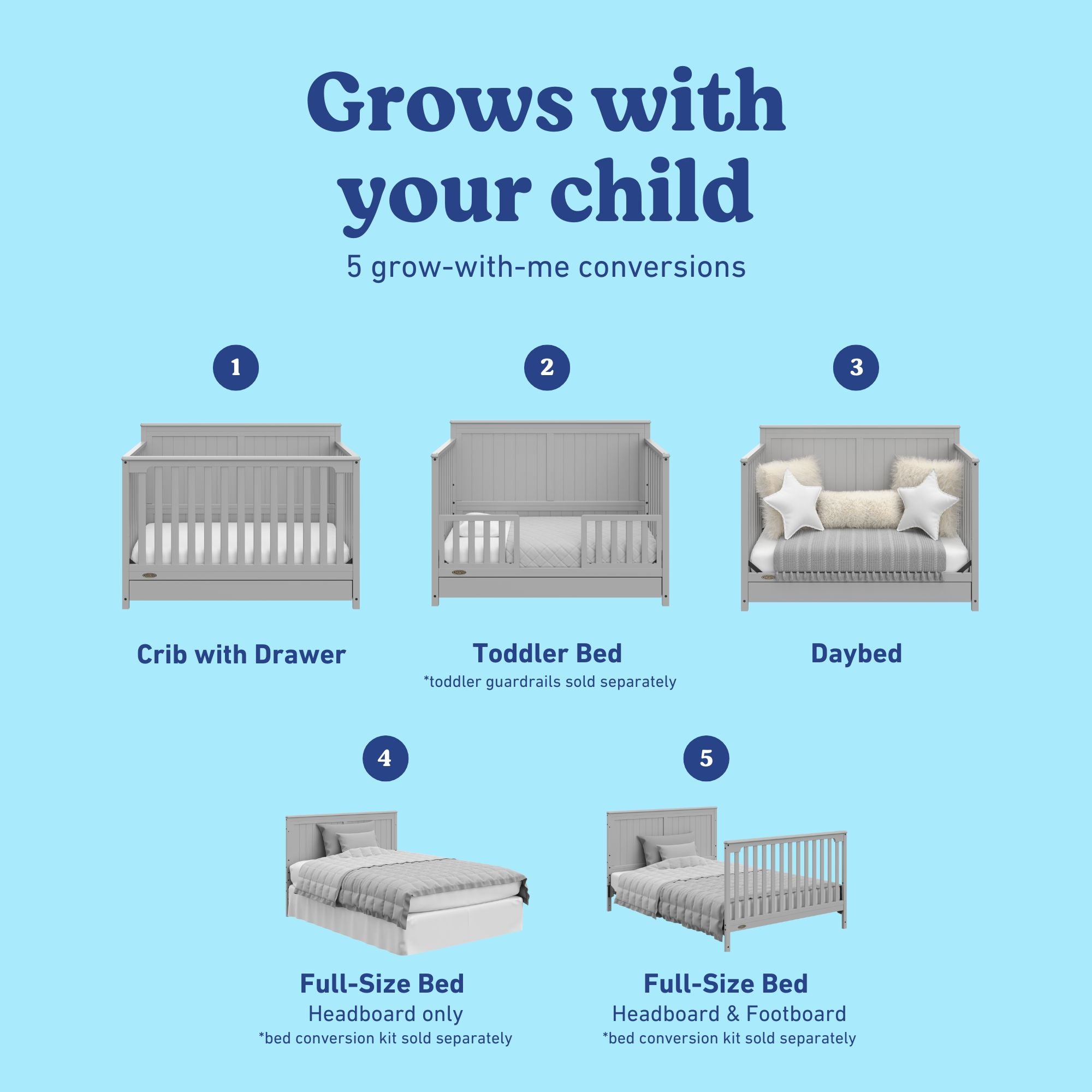 Hadley pebble gray crib with drawer showing all 5 conversions