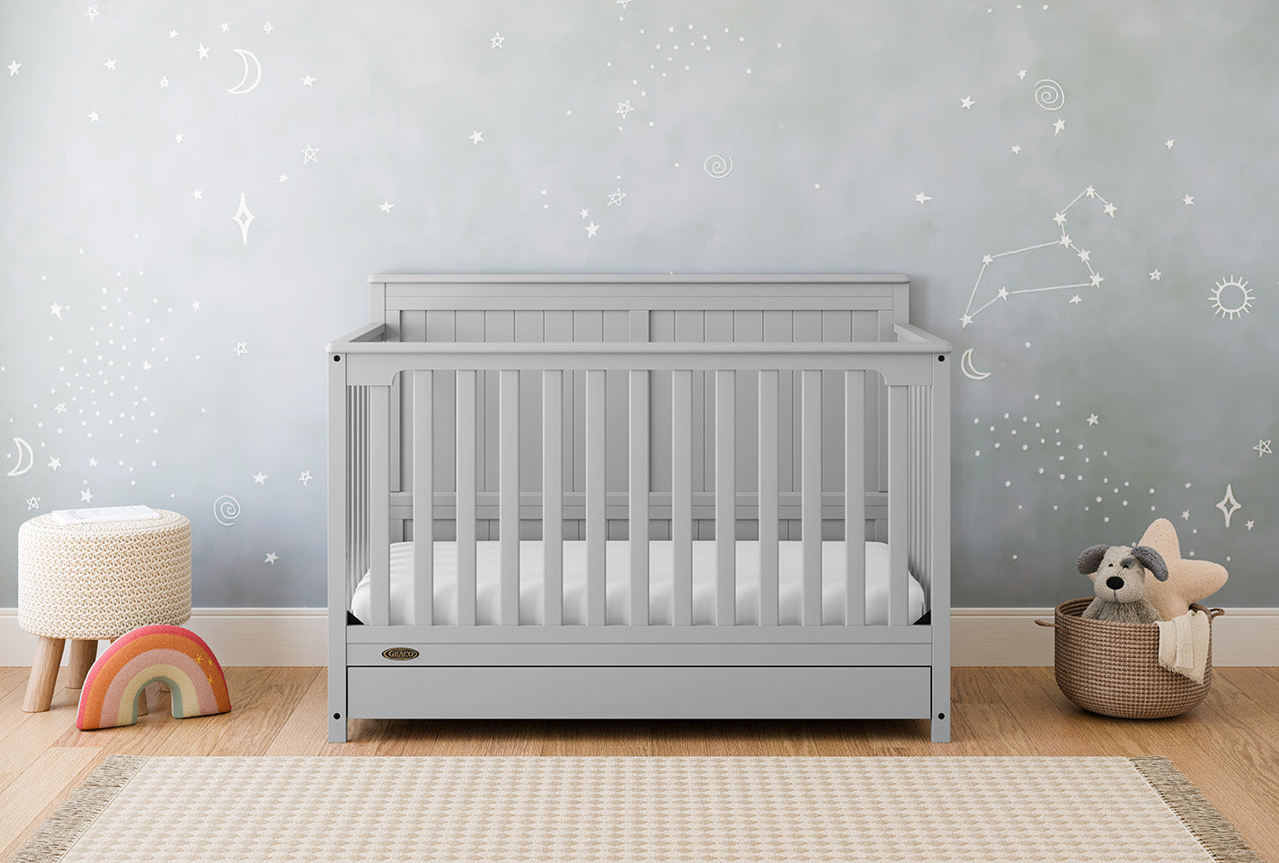 Hadley pebble gray crib with drawer in nursery