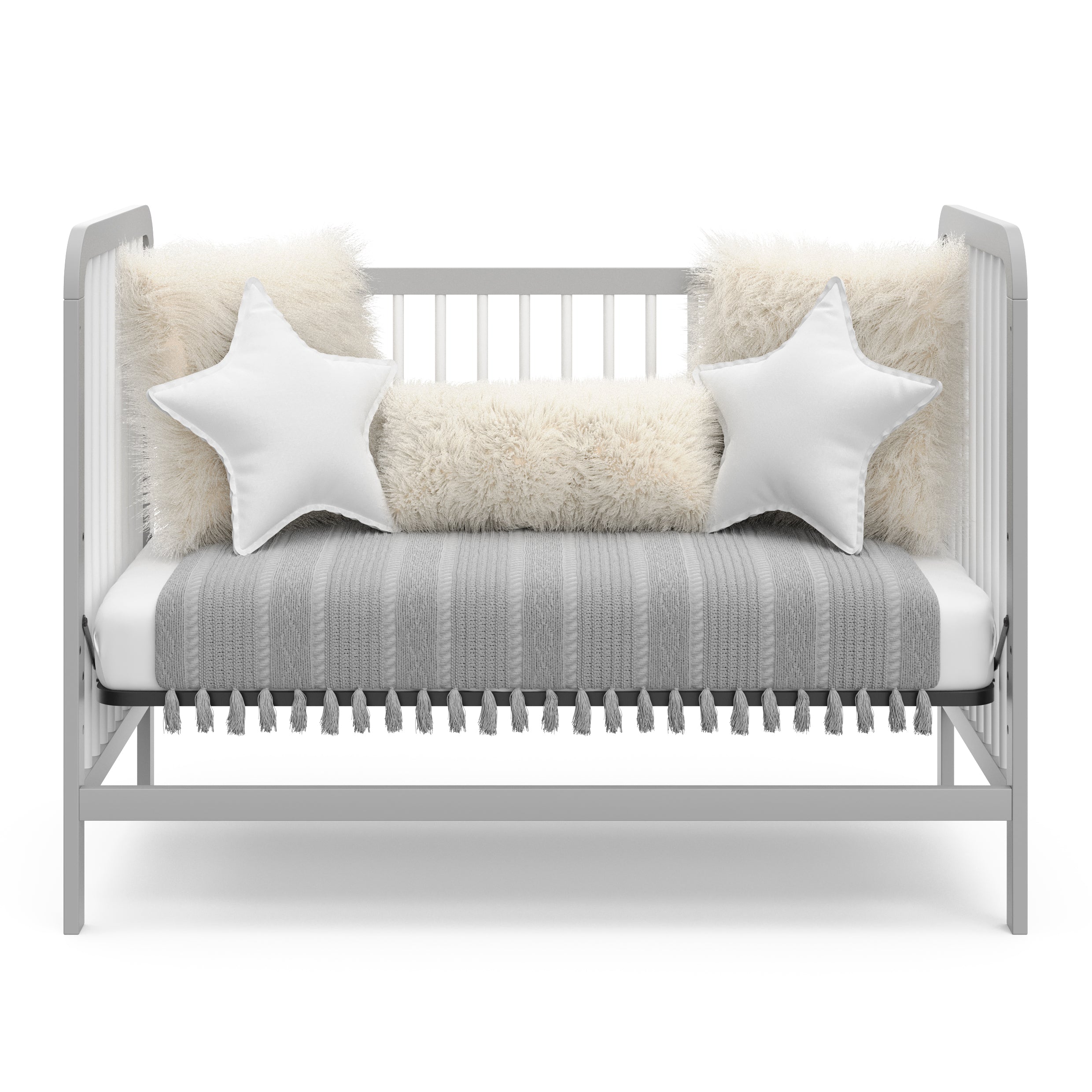 White with pebble gray crib in daybed conversion with bedding