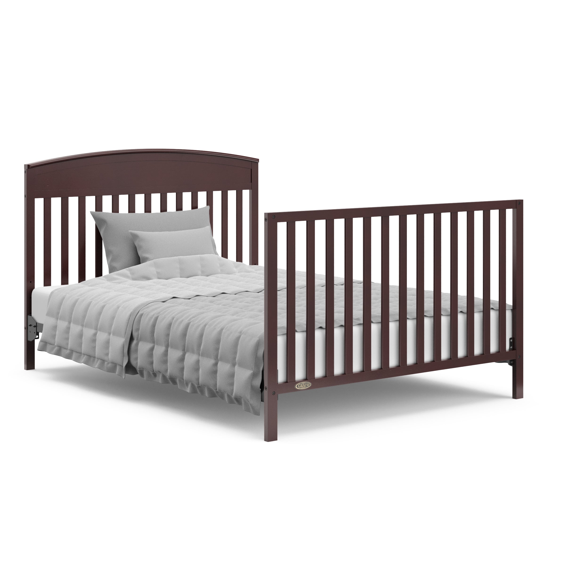 Benton espresso crib converted to full-size bed with footboard