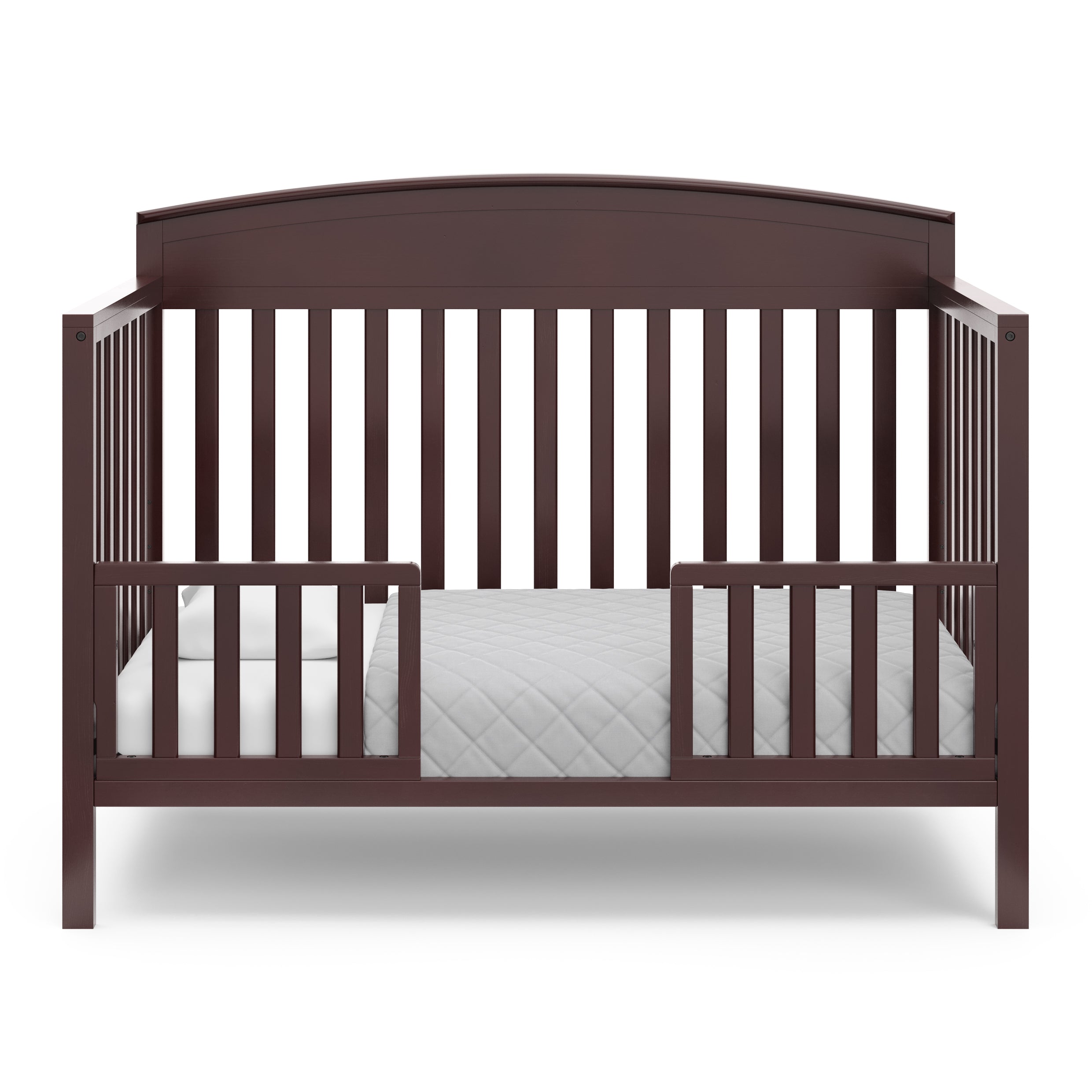 Benton espresso crib converted to toddler bed with two guardrails