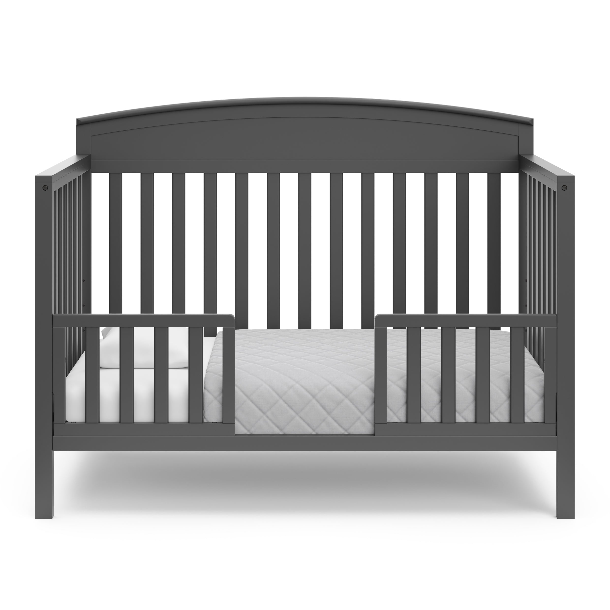 Benton gray crib converted to toddler bed with two guardrails