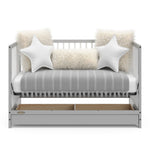 Pebble gray with white crib with drawer in daybed conversion