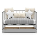 Pebble gray with white crib with drawer in daybed conversion