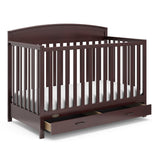 espresso crib with open drawer angled