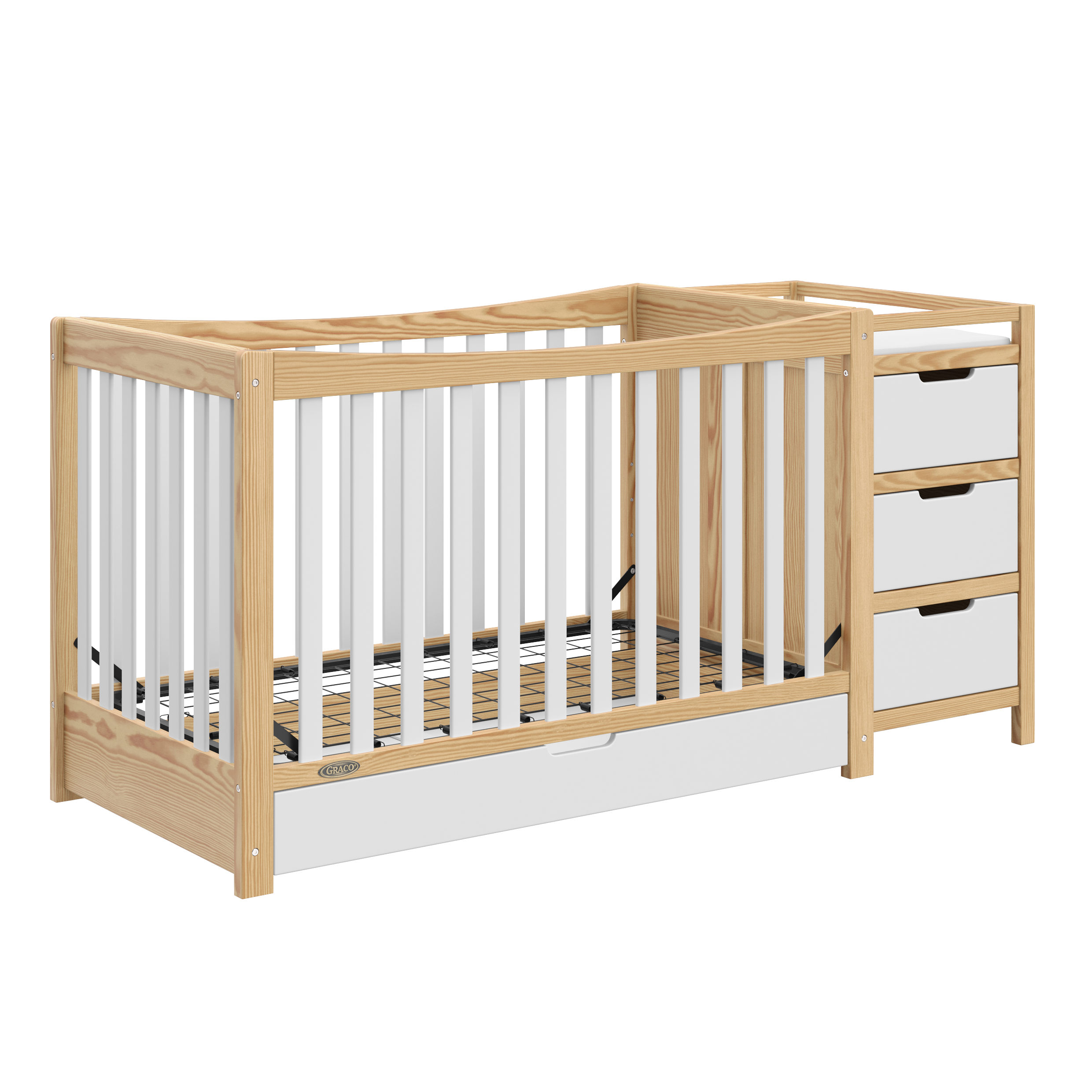 white with natural crib with drawer and changer