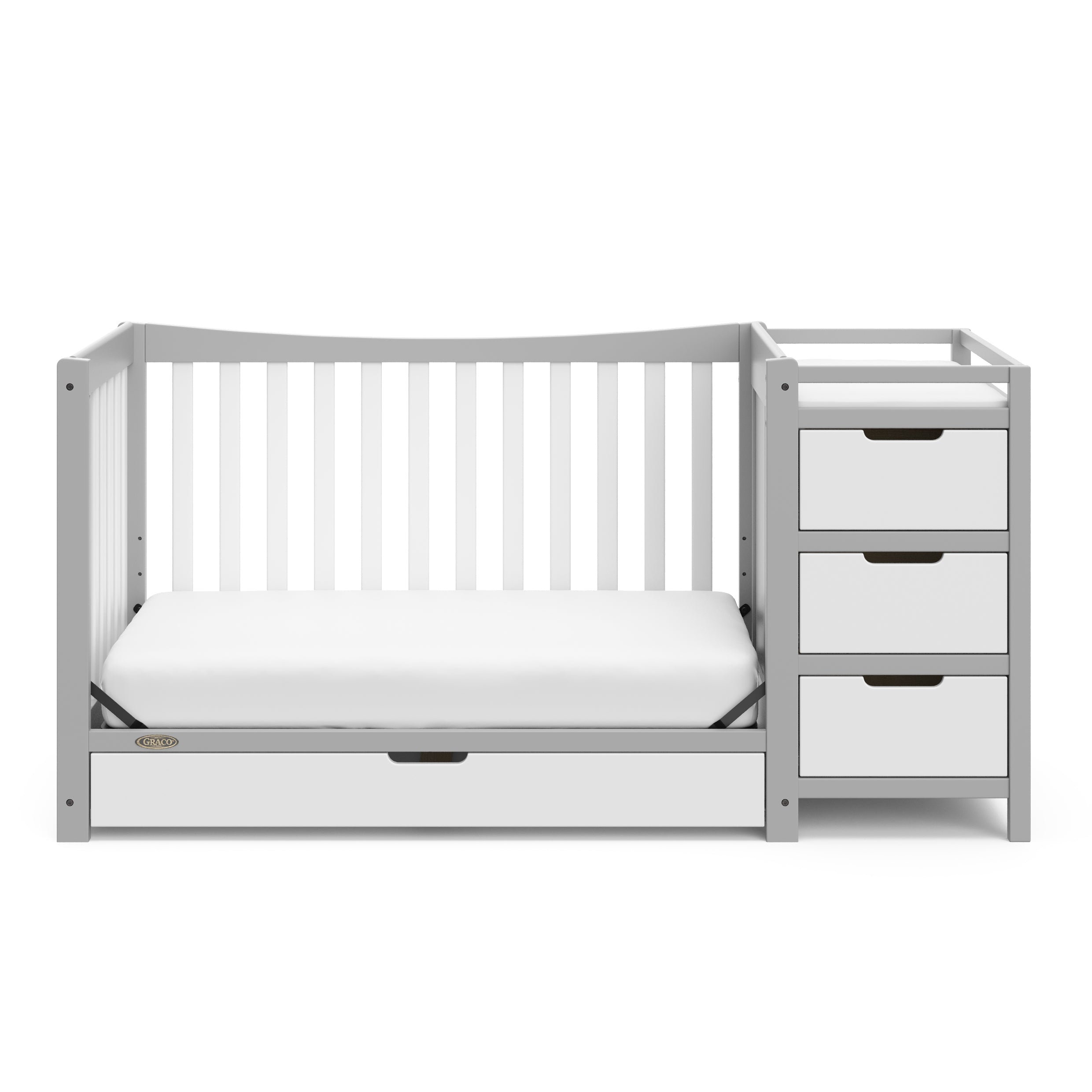 Pebble gray and white crib and changer with drawer in toddler bed conversion