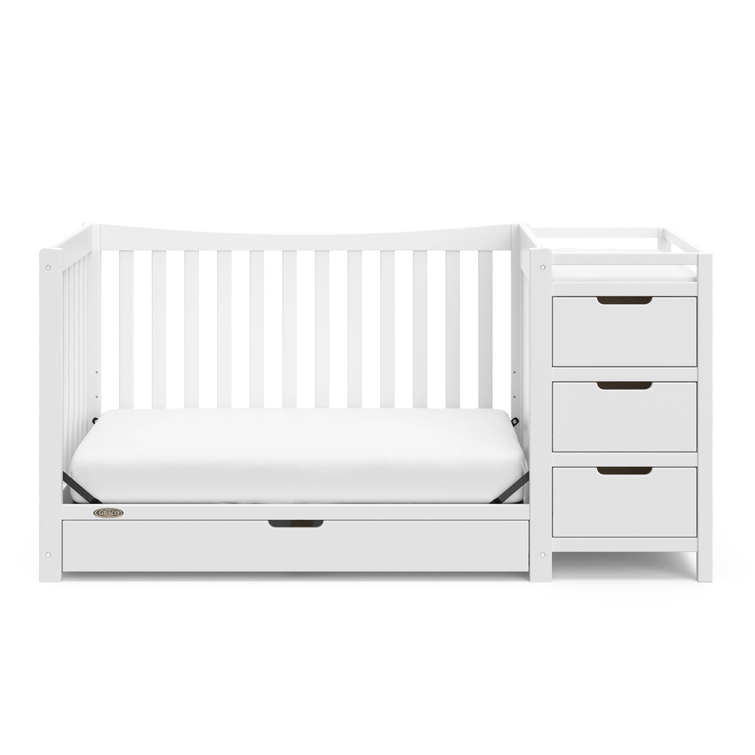 White crib and changer with drawer in toddler bed conversion