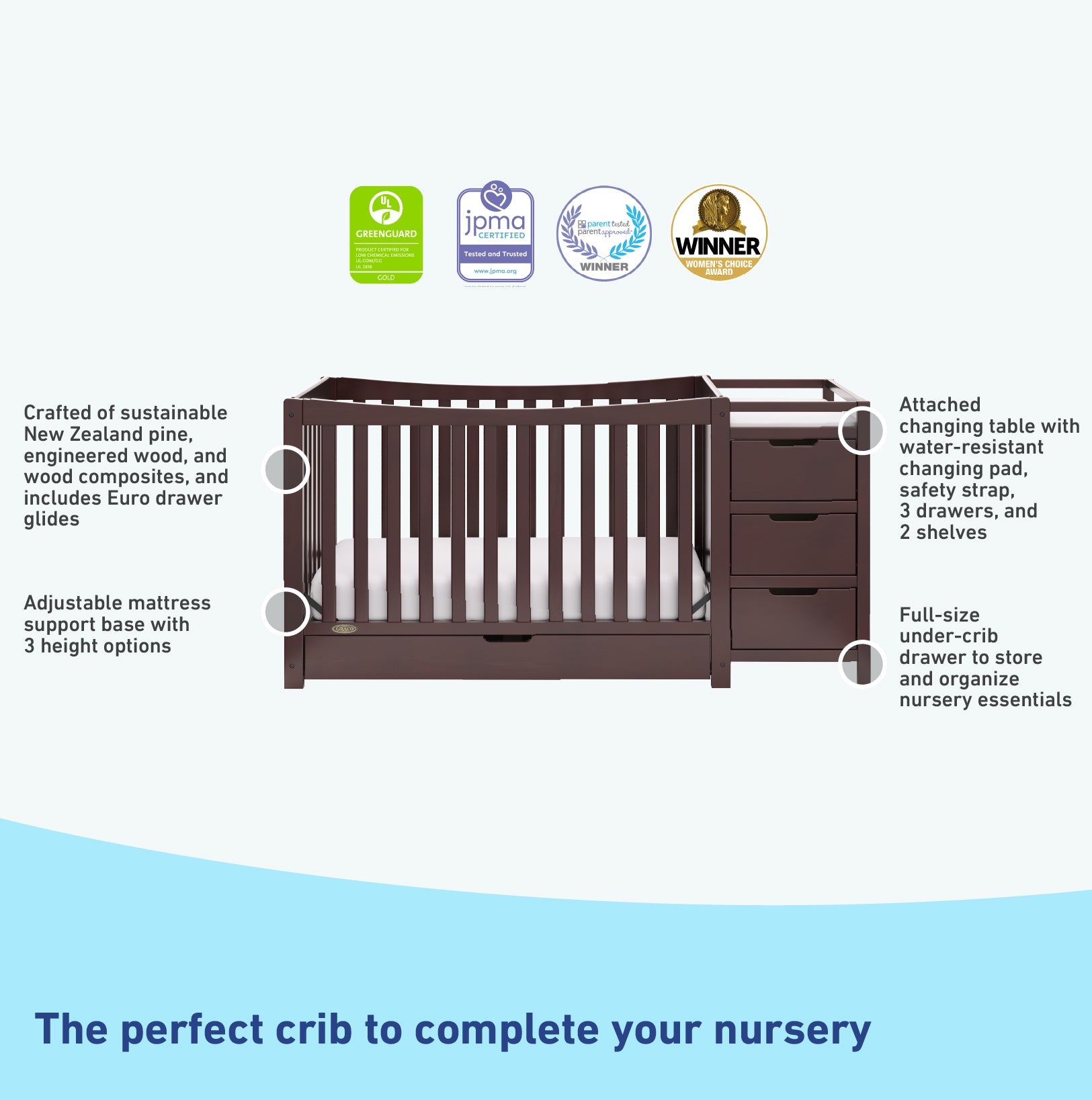 Graco® Remi™ 4-in-1 Convertible Crib and Changer with Drawer.