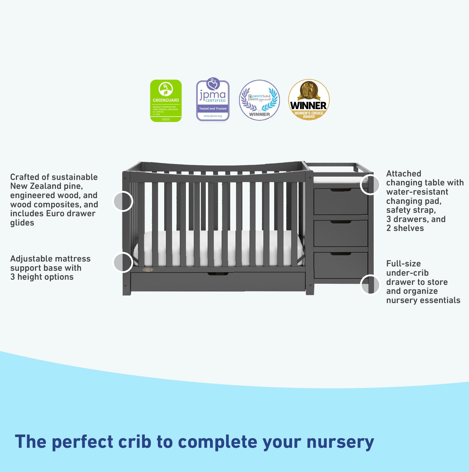 Graco® Remi™ 4-in-1 Convertible Crib and Changer with Drawer.