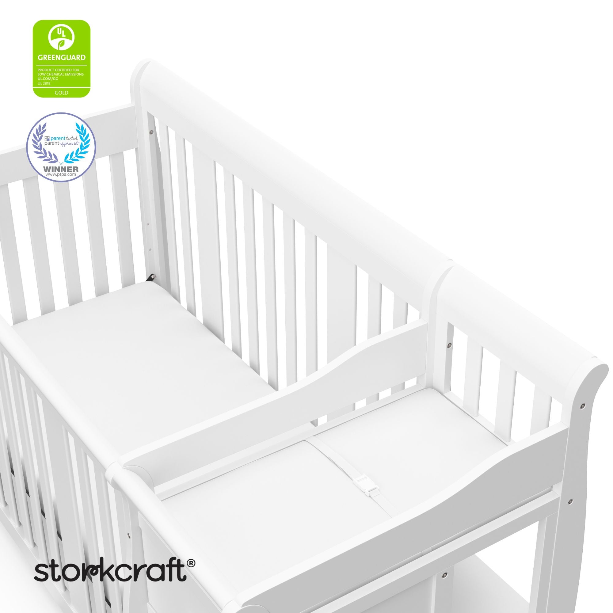 Portofino white crib and changer with GGG and PTPA logo on top left