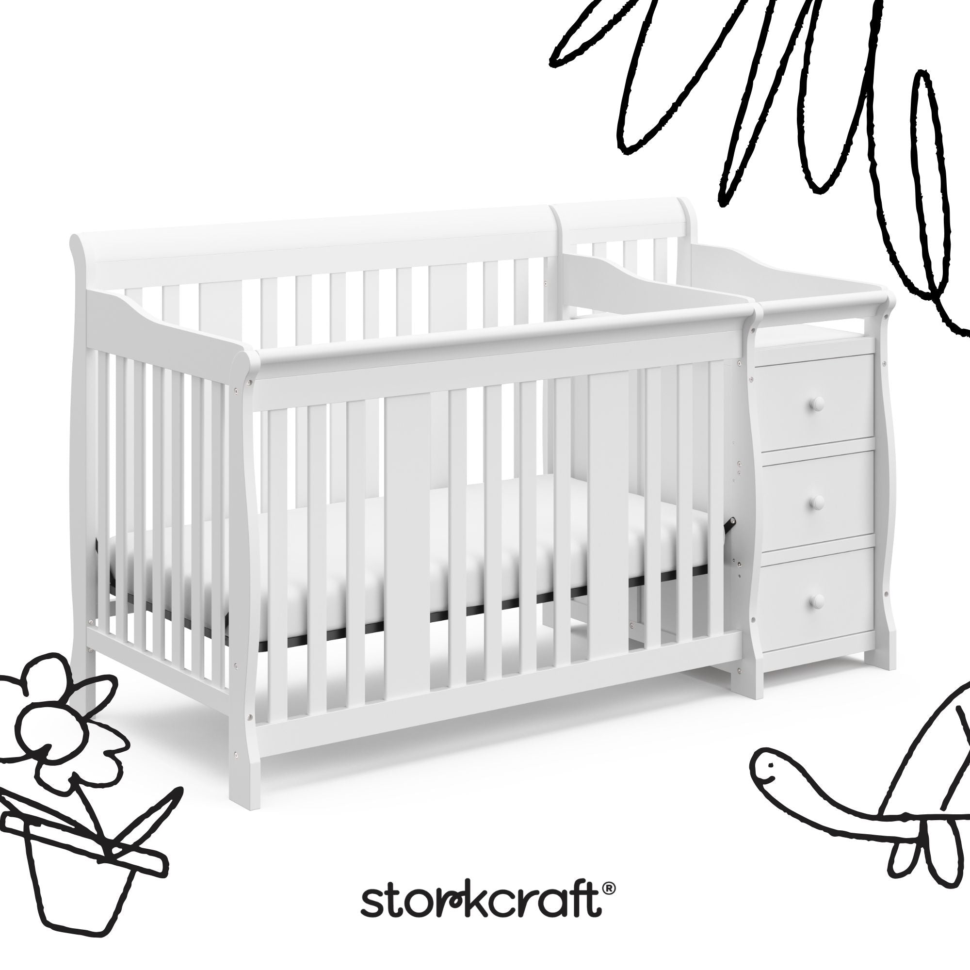 Portofino white crib and changer with black doodles overlaid on image