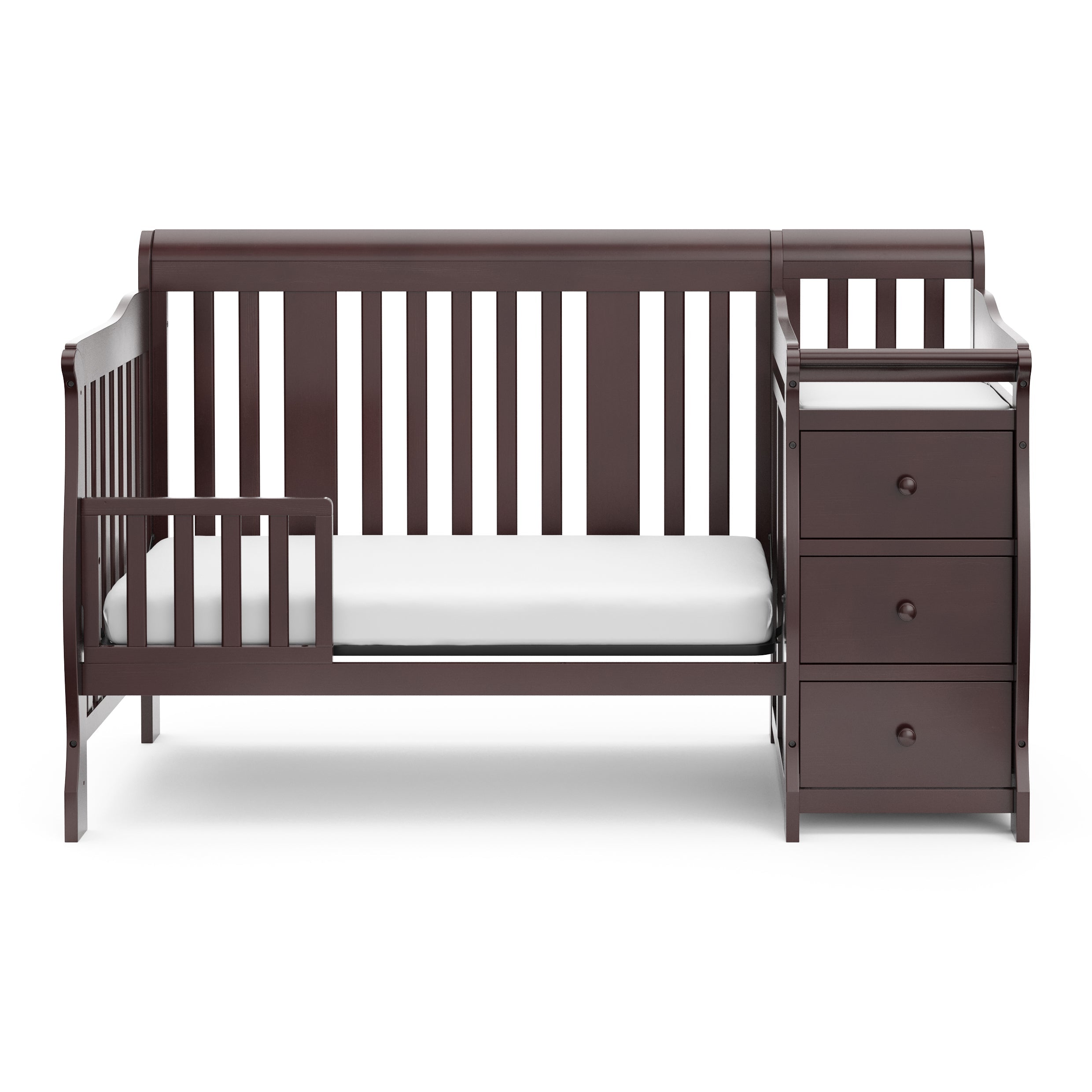espresso crib in toddler bed conversion with one safety guardrail