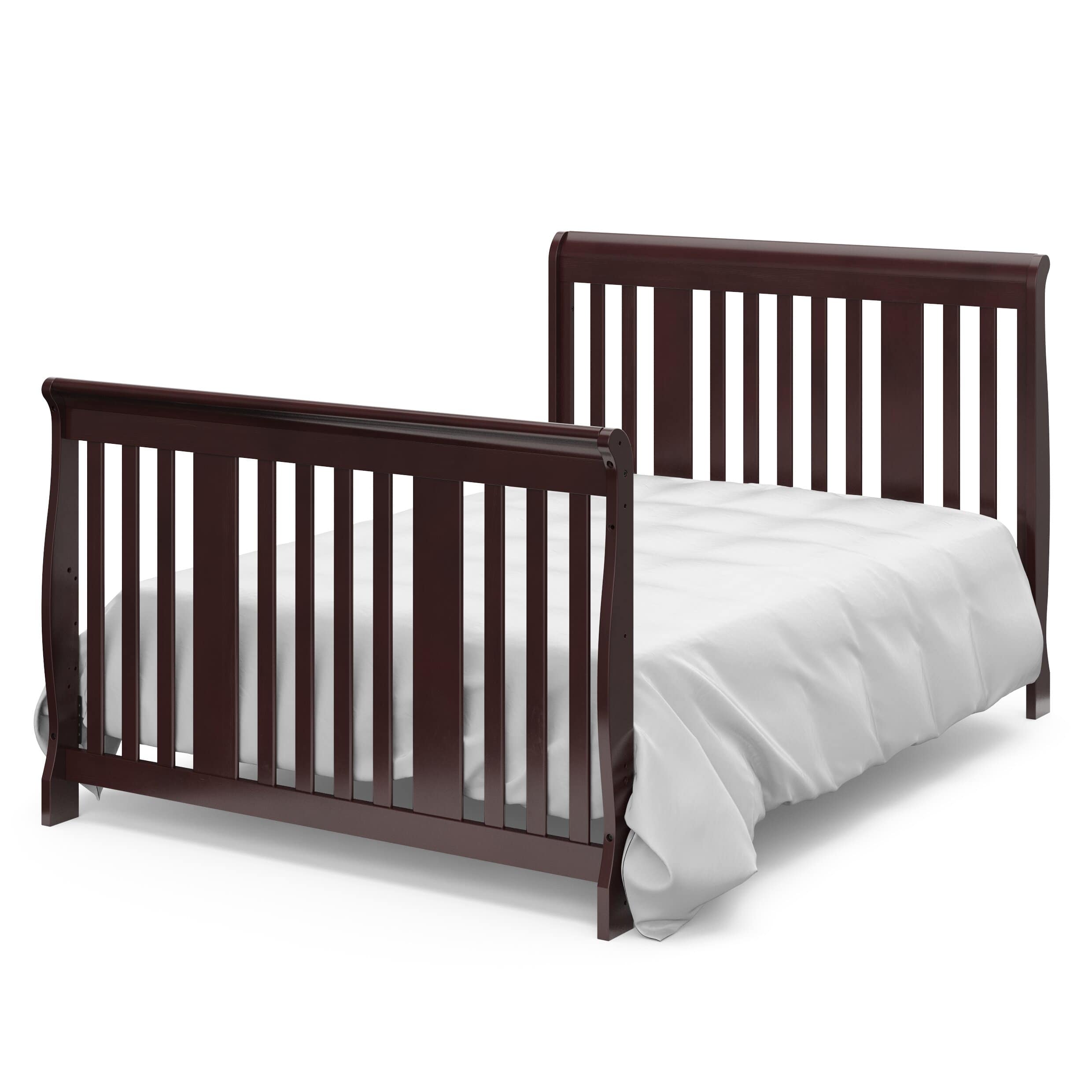 espresso crib in full-size bed with headboard and footboard conversion