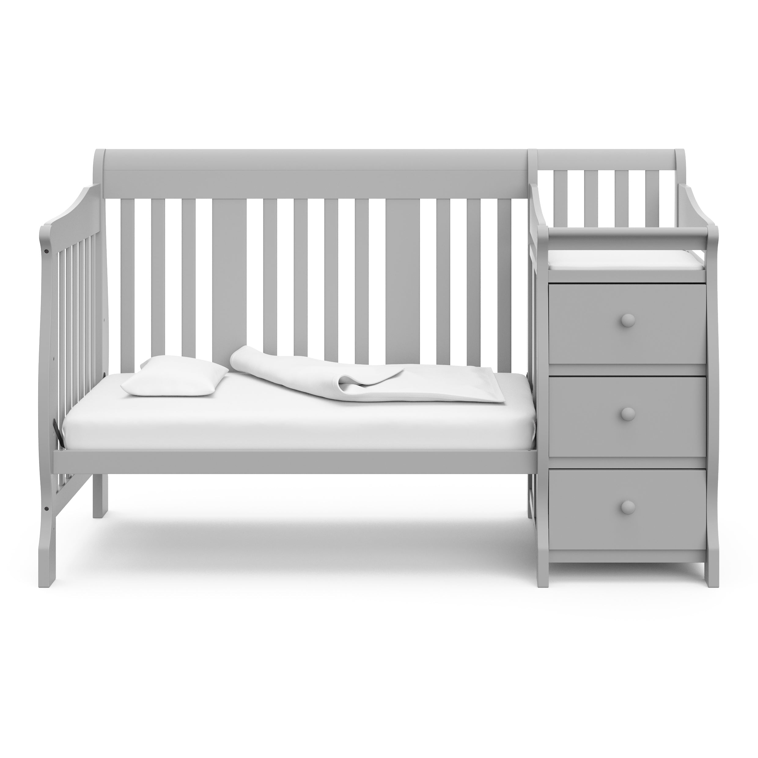 Pebble gray crib and changer in toddler bed conversion