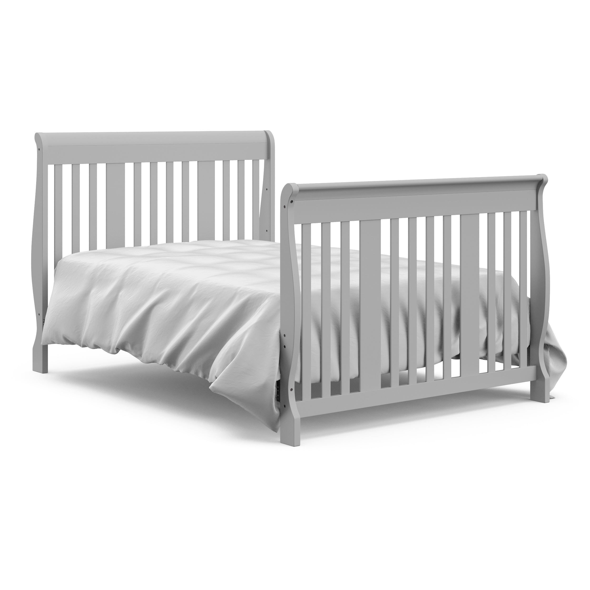 Pebble gray crib in full-size bed with headboard and footboard conversion