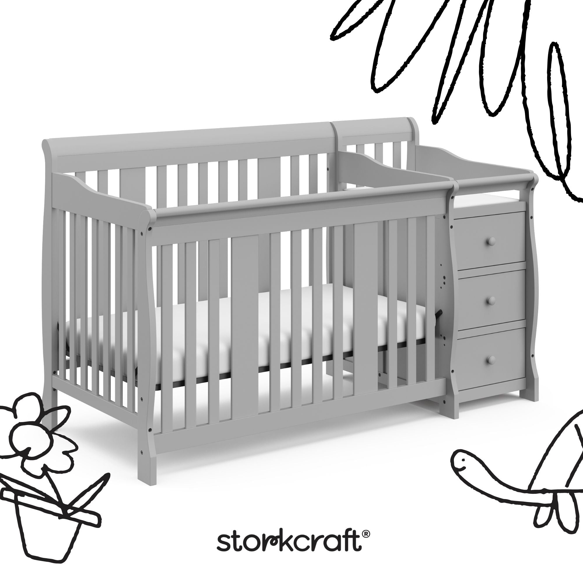 Portofino pebble gray crib and changer with black doodles overlaid on image