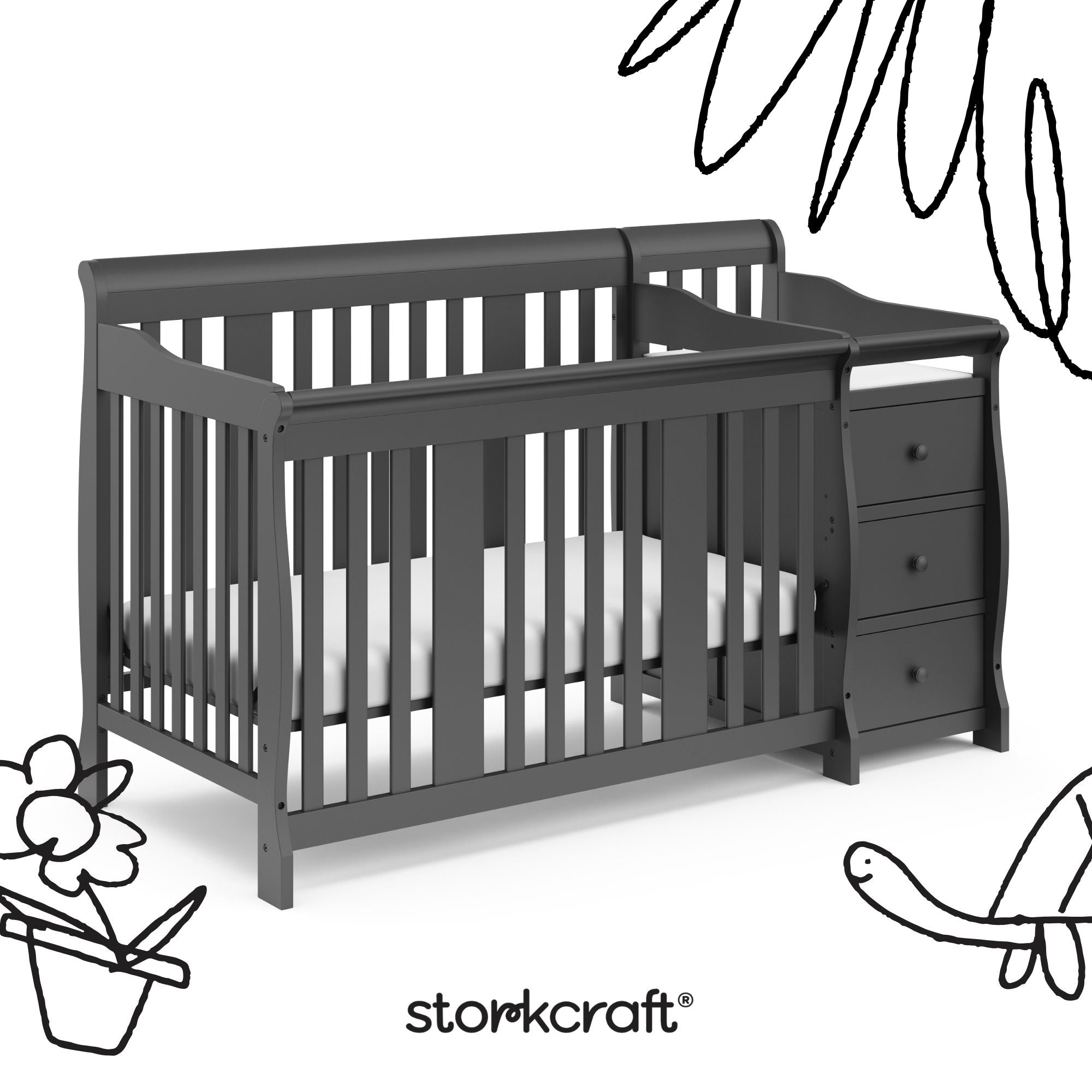 Portofino gray crib and changer with black doodles overlaid on image