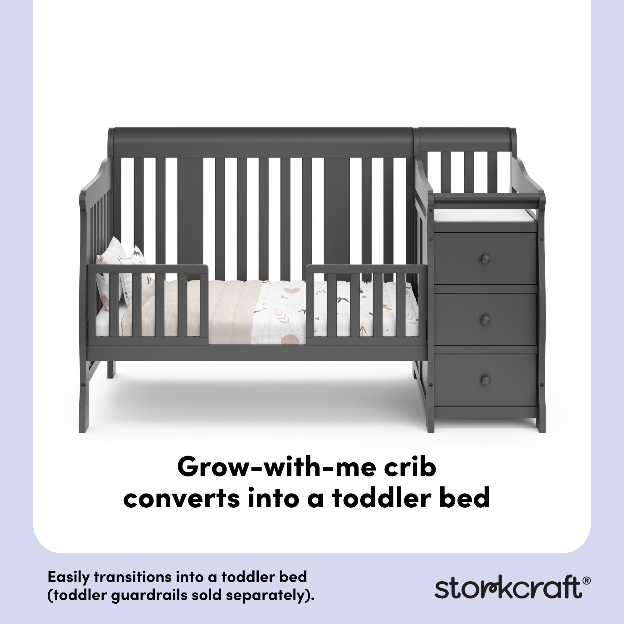 Portofino gray crib and changer toddler bed callout