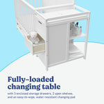 Hadley white crib and changer side view of changing table