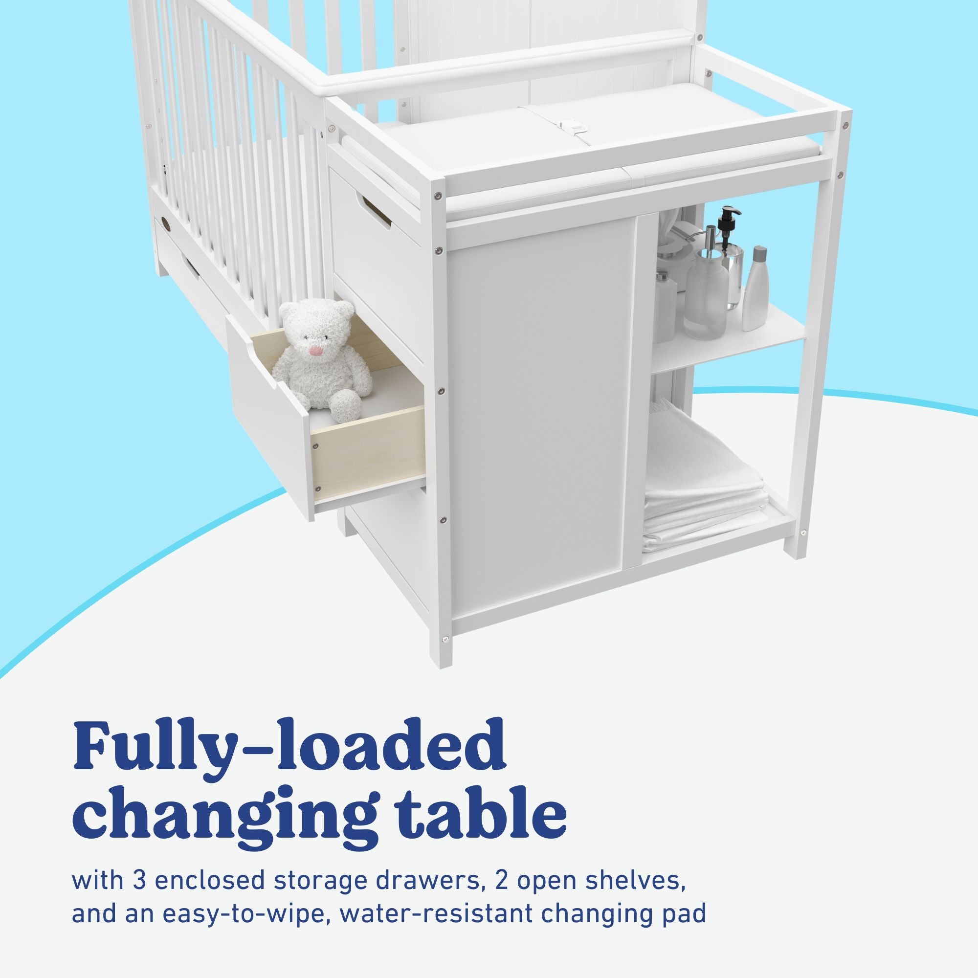 Hadley white crib and changer side view of changing table