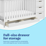 Hadley white crib and changer close up of full-size storage drawer and two compartments