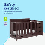 Hadley espresso crib and changer with GGG and JPMA logos